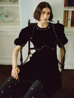 Crystal Embellished Puff Midi Dress In Black Flowering Girl