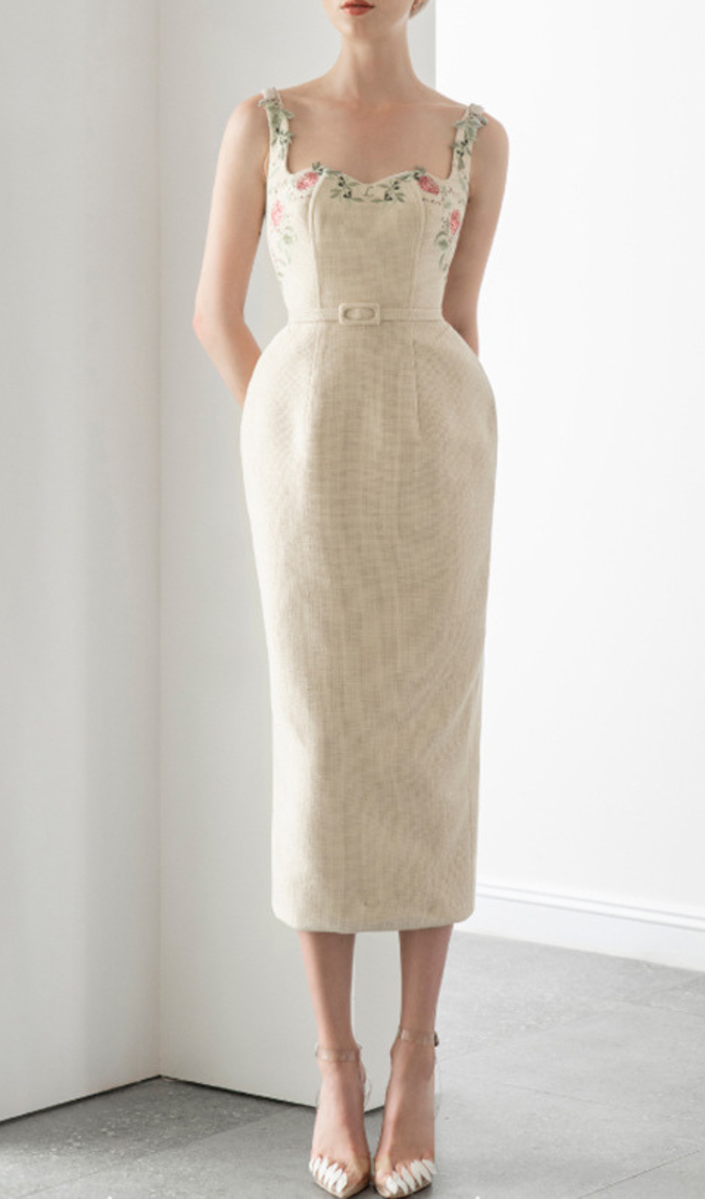 Alessandria Machine Embroidery Strap Hip Midi Dress Flowering Girl
