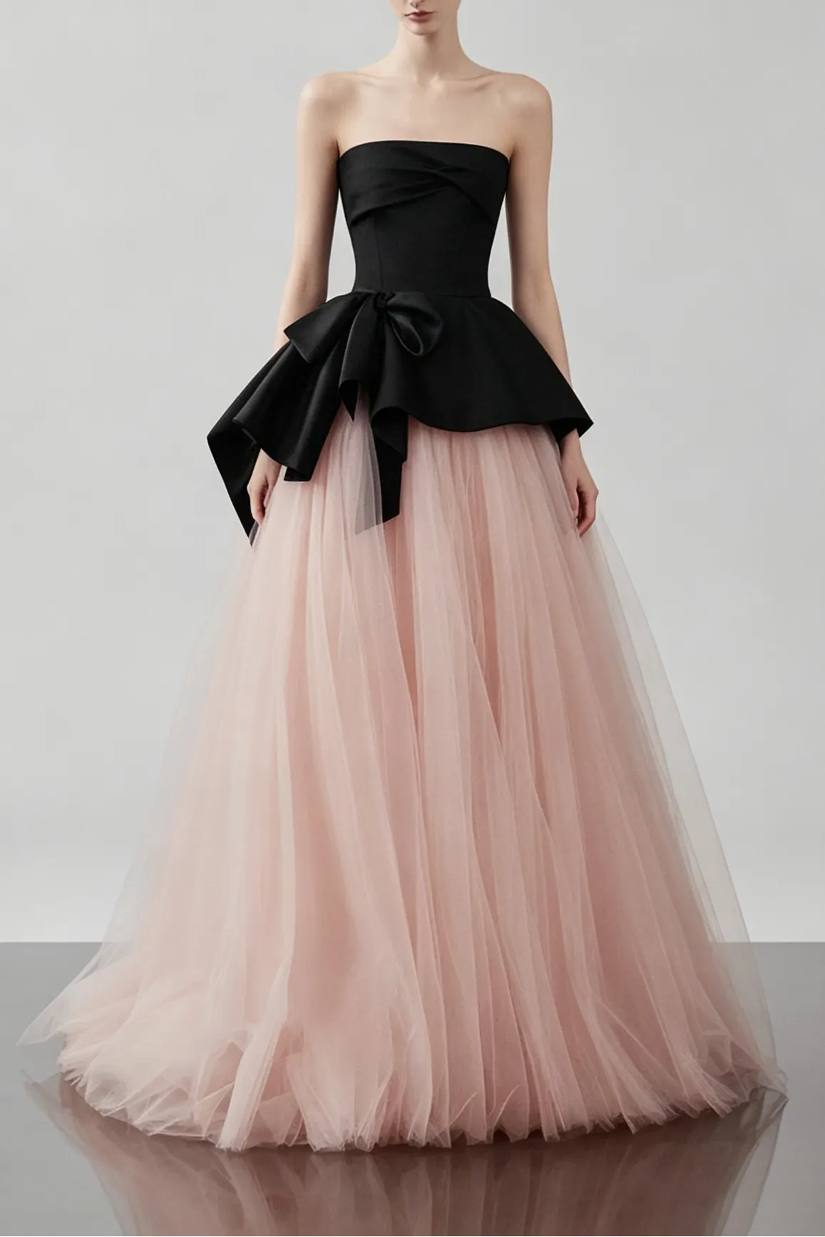 Strapless Satin Big Bow Contrast Pink Tulle Ball Gown Flowering Girl