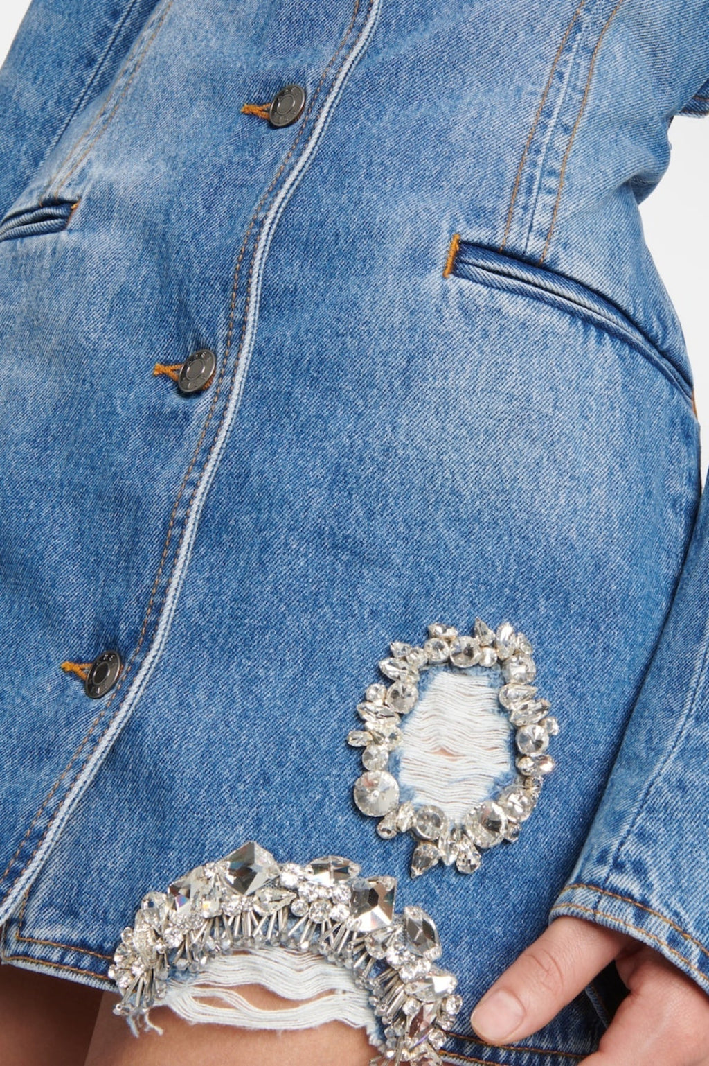 Taton Crystal Embellished Cutout Denim Blazer Flowering Girl