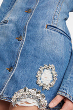 Taton Crystal Embellished Cutout Denim Blazer Flowering Girl