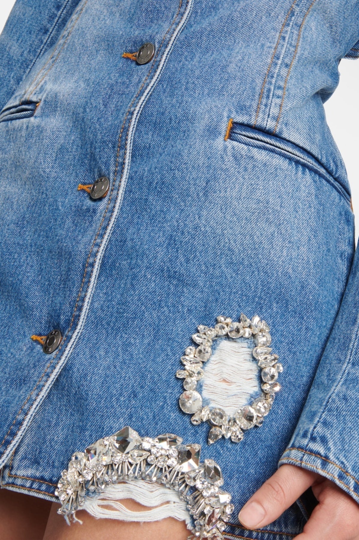 Taton Crystal Embellished Cutout Denim Blazer Flowering Girl