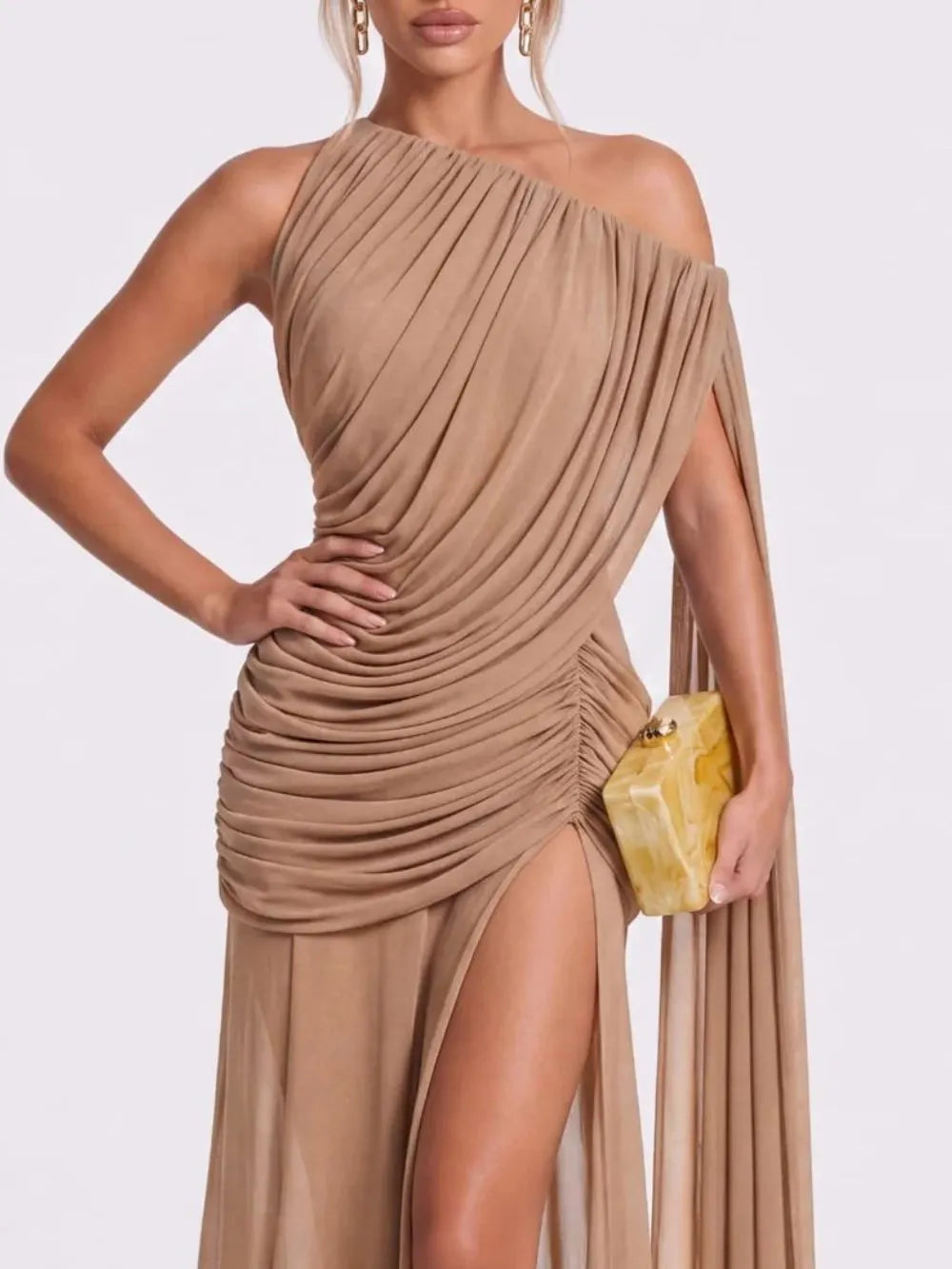Faskel Ruched Split Maxi Dress In Coffee Flowering Girl