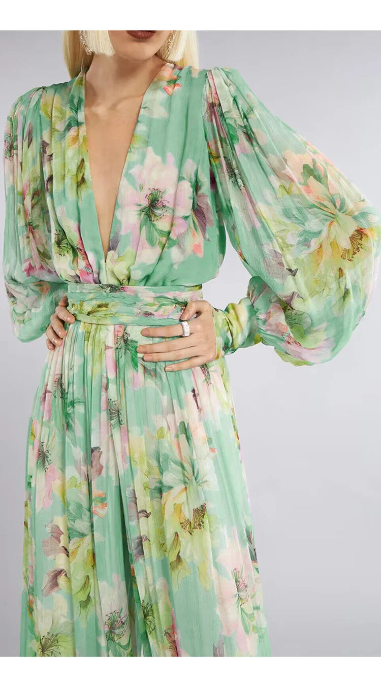 V Neck Floral Print Chiffon Maxi Dress In Green Flowering Girl