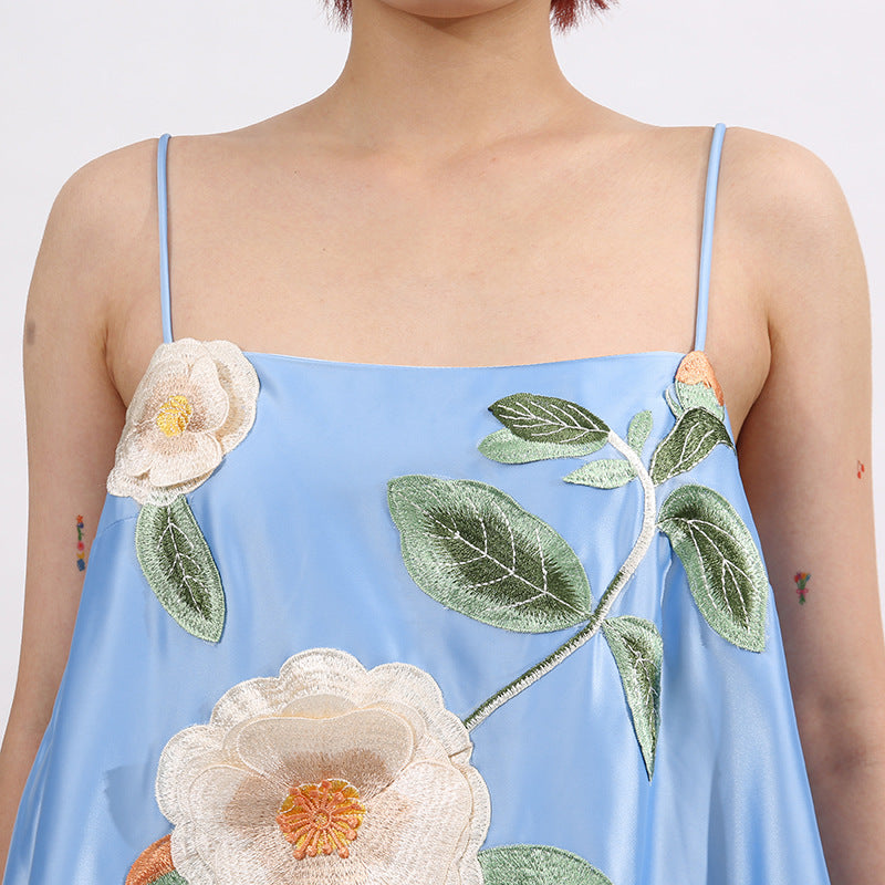 Edwina Applique Floral Embroidered Mini Dress In Blue Flowering Girl
