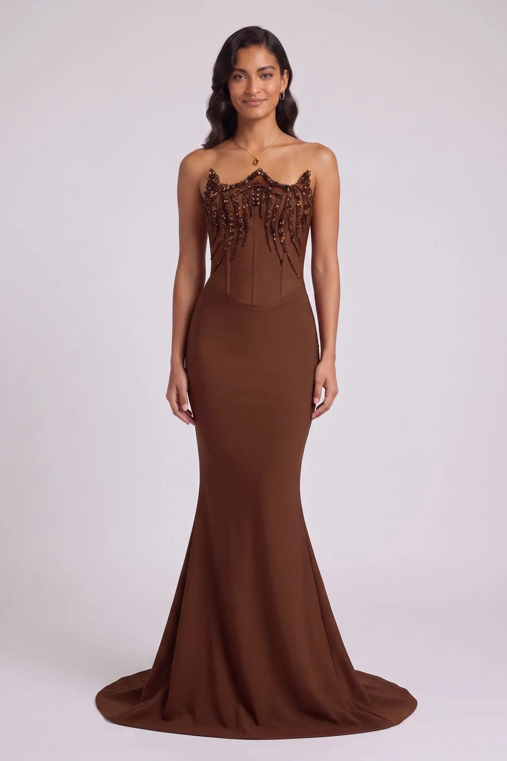 Brown Strapless Beaded Mermaid Evening Gown Flowering Girl