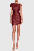 Kadwyn Ruched Asymmetric Faux Leather Mini Dress - Red Flowering Girl