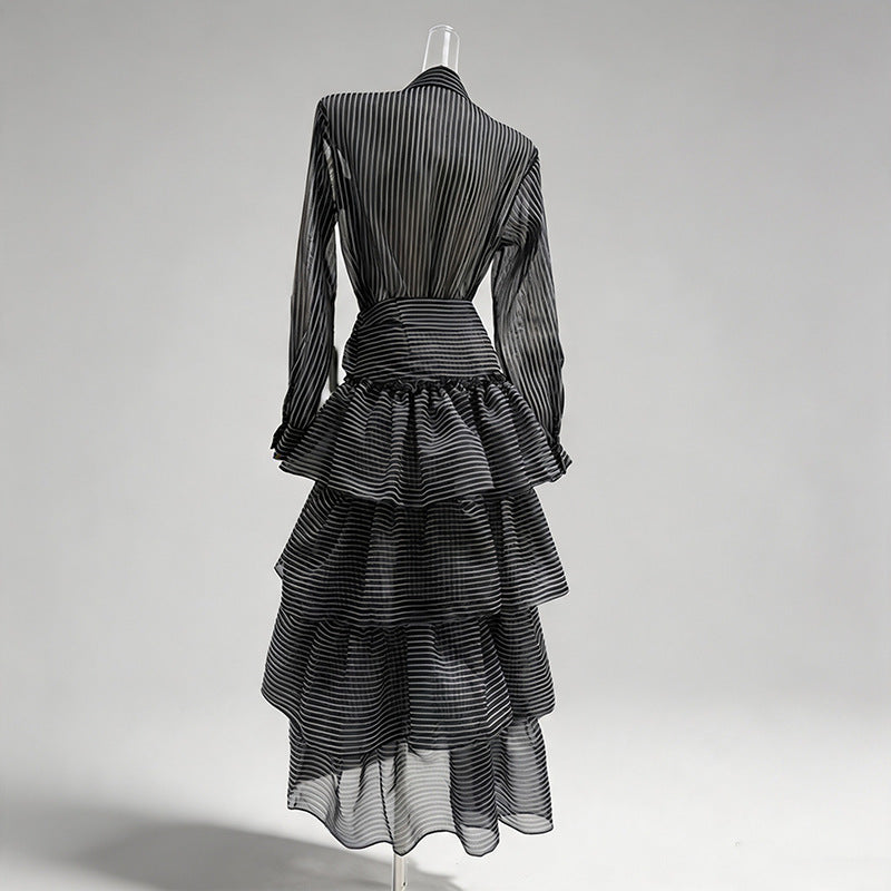 Black Sheer Organza Or Chiffon Fitted Shirt With High-Waisted Tiered Maxi Skirt Two-Piece Matching Set Flowering Girl