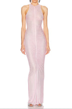 Hollow Mesh Rhinestone Sleeveless Maxi Dress In Pink Flowering Girl