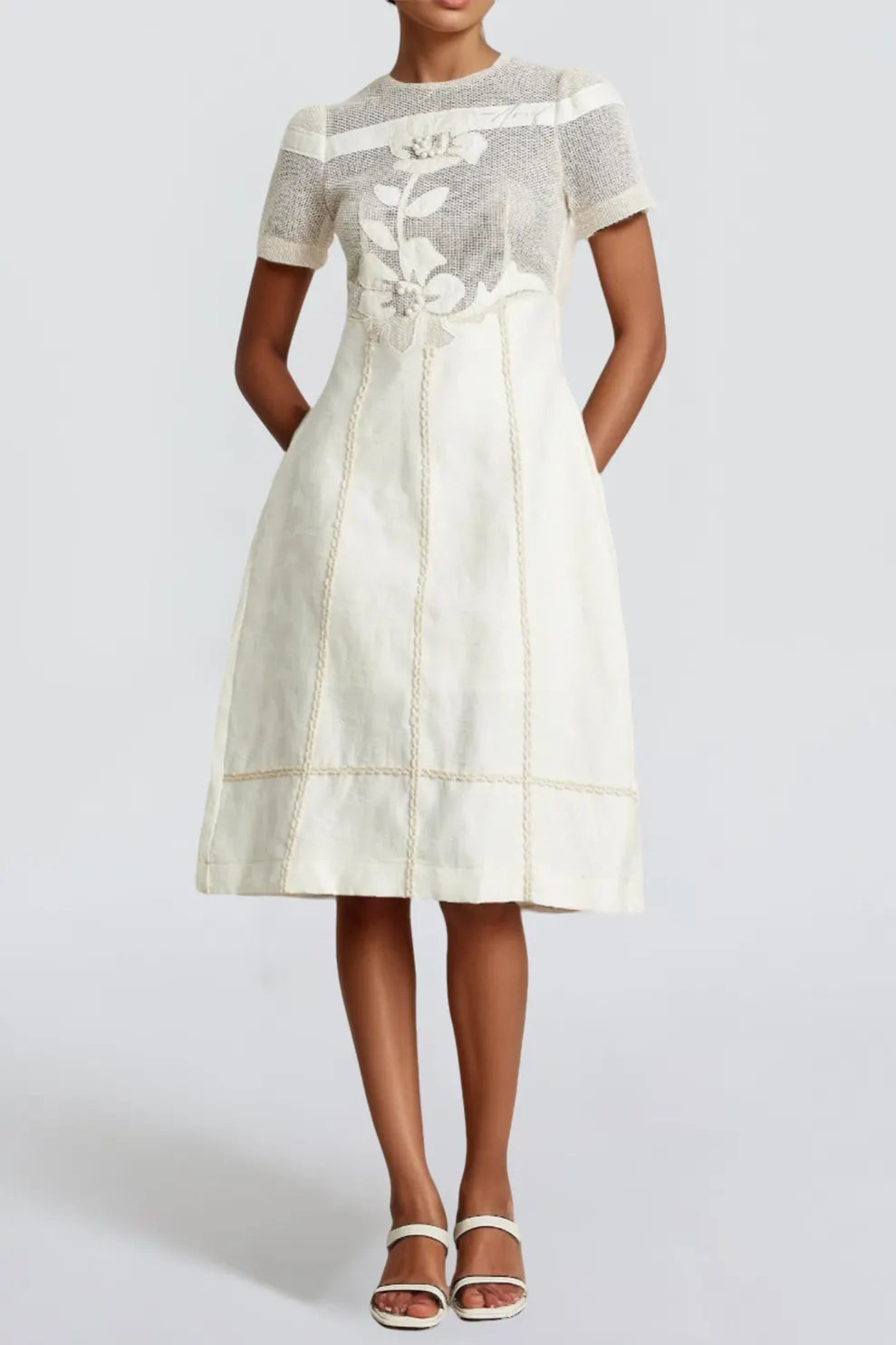 Hermosa 3d Floral Embroidered Hollow Midi Dress In Apricot Flowering Girl