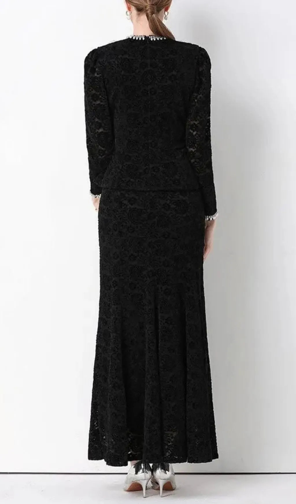 Georgia Beaded V-Neck Lace Top & Fishtail Skirt Set - Black Flowering Girl
