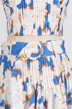 Pleated Floral-Print Linen Bustier Top Skirt Set In Blue Flowering Girl