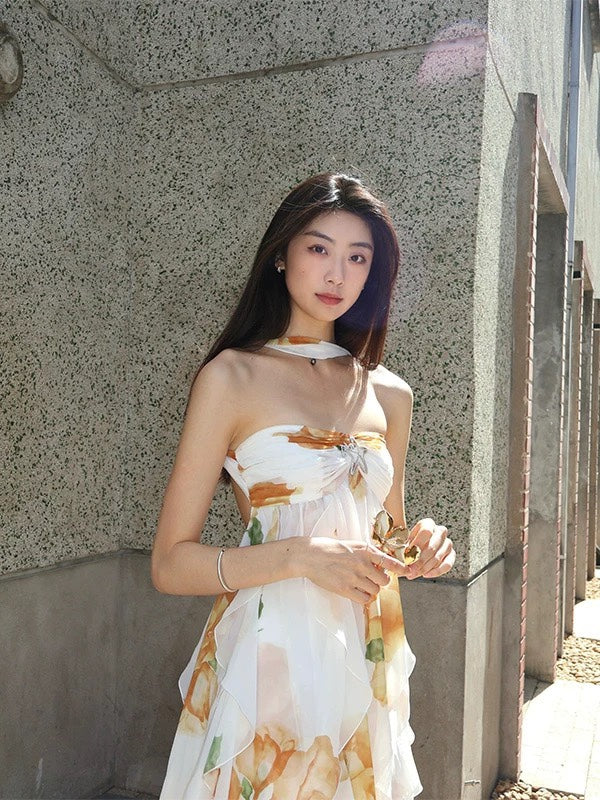 katherine Floral Halter Backless Mini Dress Flowering Girl