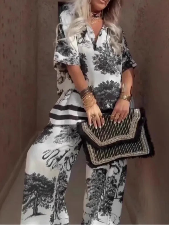 Casual V-Neck Printed Short-Sleeved Top And Wide-Leg Pants Set Flowering Girl