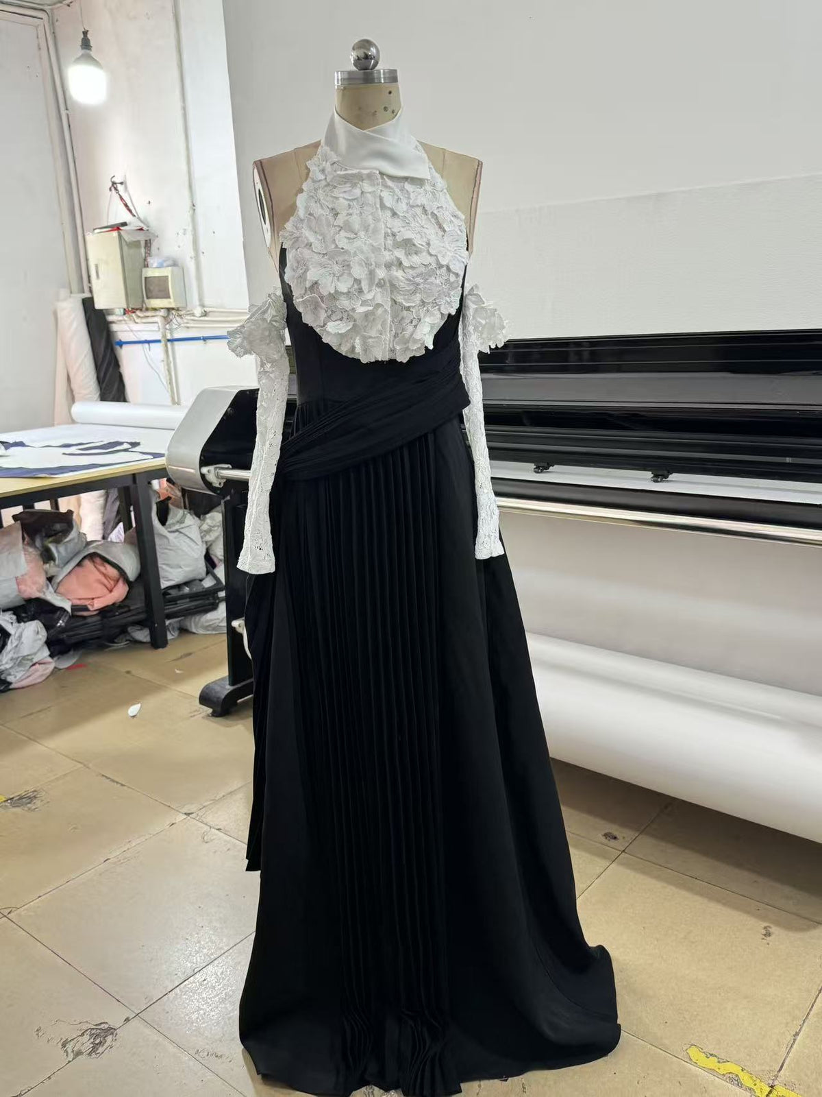 Jenny Halter-Neck 3d Flower Embroidery Backless Maxi Dress - Black Flowering Girl
