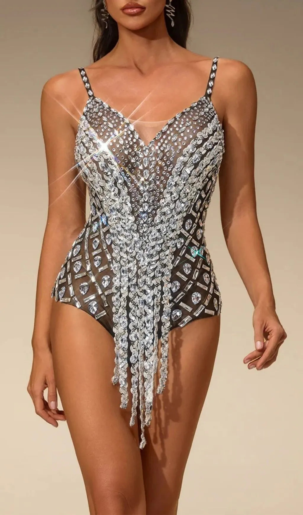 Siesra Spaghetti Crystal Fringe Bodysuit Flowering Girl