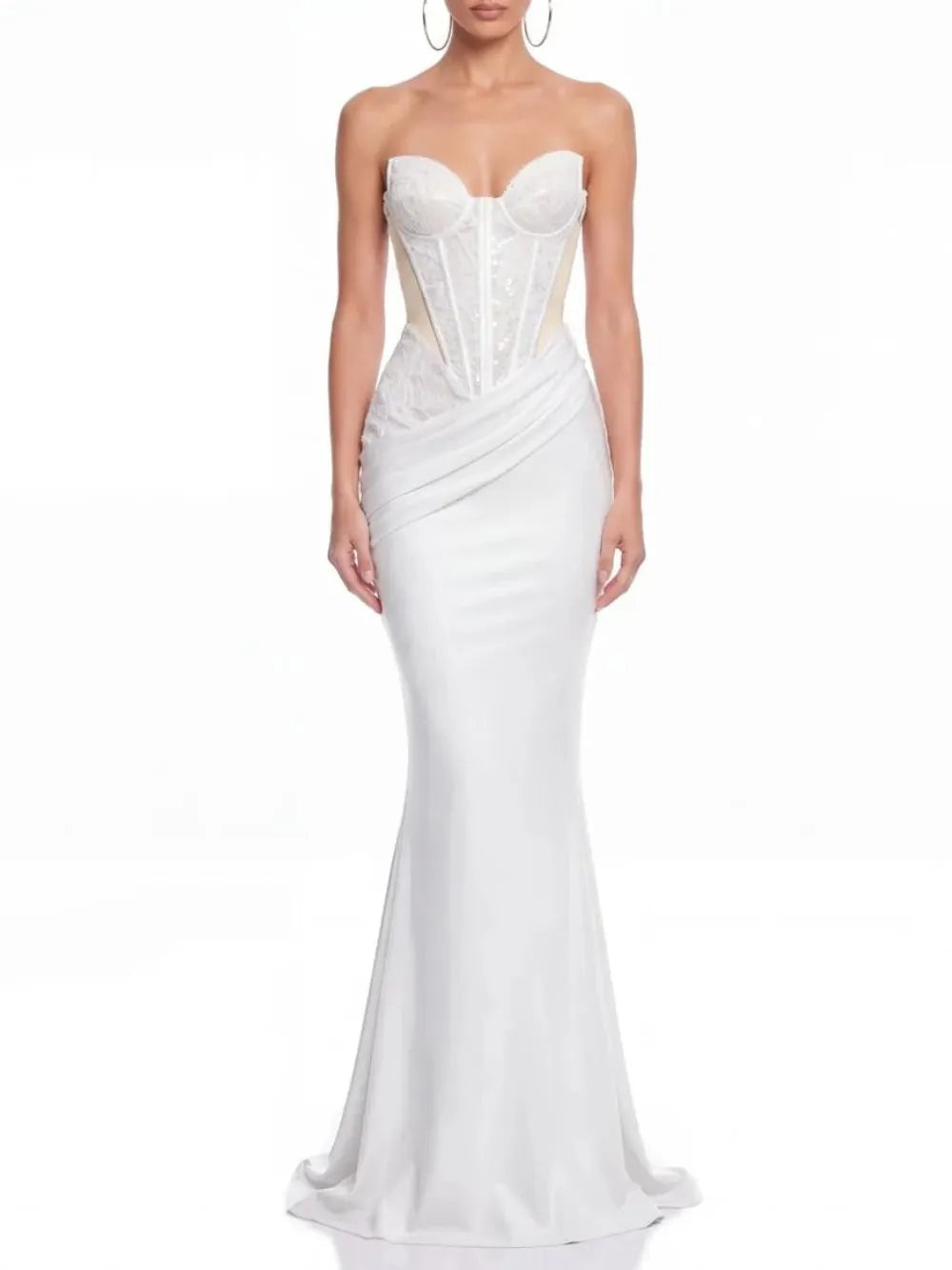 Xervik Strapless Lace Satin Maxi Dress In White Flowering Girl