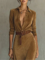 Suede Single-Breasted Lapel Maxi Dress Flowering Girl