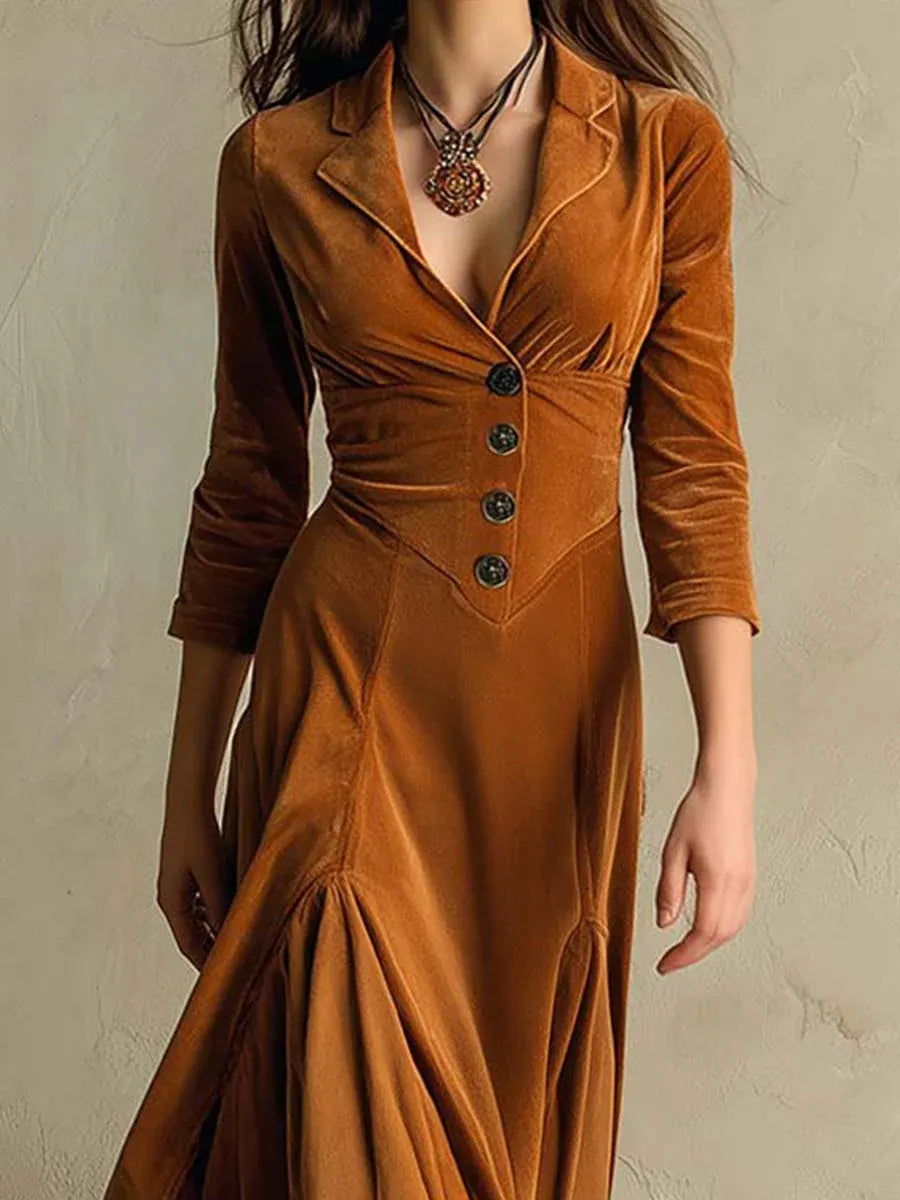 Brown Elegant Retro Suit Collar Velvet Long Dress Flowering Girl