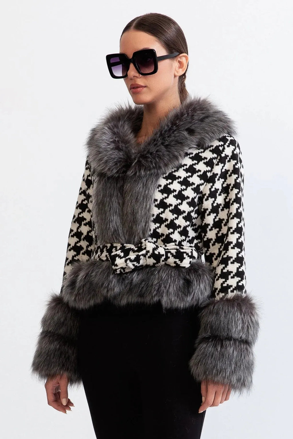Natividad Houndstooth Wool Belted Coat With Fur Flowering Girl