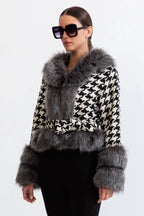 Natividad Houndstooth Wool Belted Coat With Fur Flowering Girl
