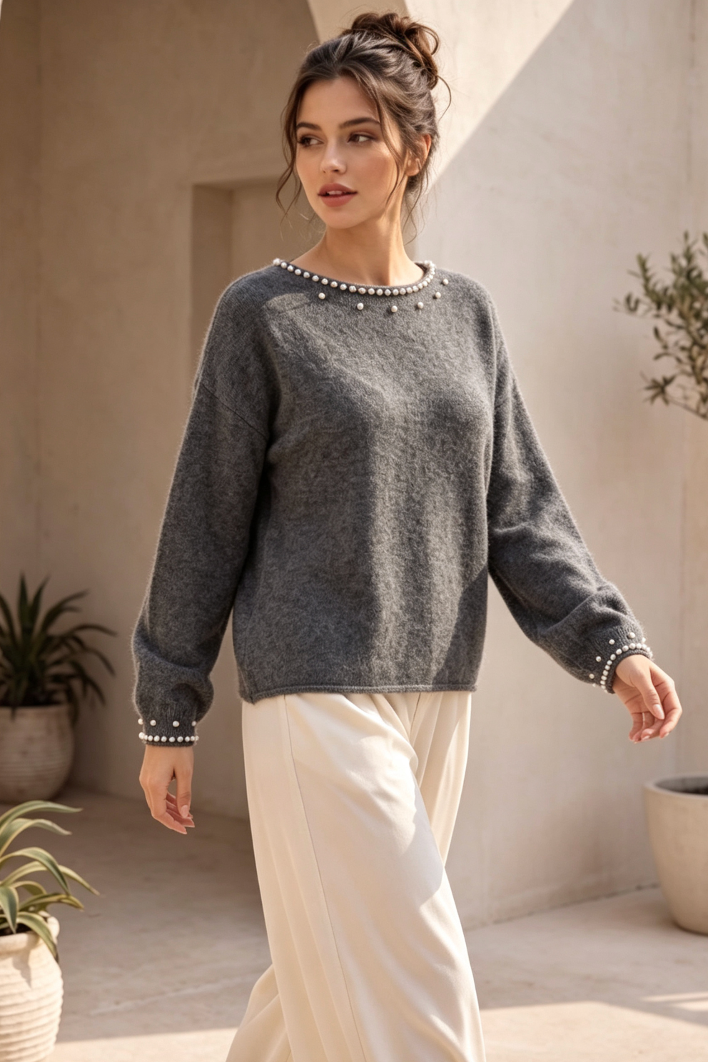 Charcoal Grey Fine-Knit Sweater with Pearl Bead Trim Flowering Girl