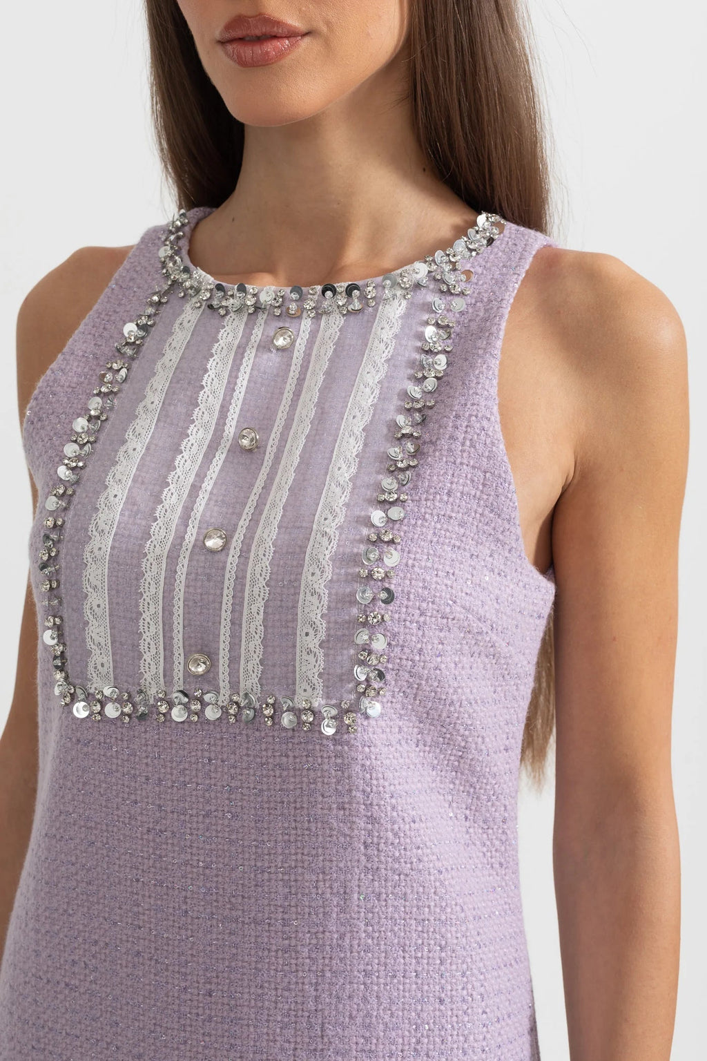Sequin Lace Embellishments Textured Mini Dress In Purple Flowering Girl