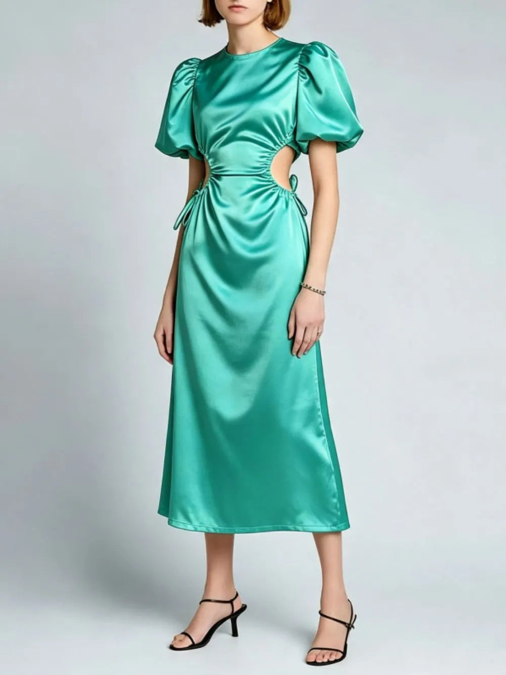 Megara Satin Cutout Puff-Sleeve Midi Dress Flowering Girl