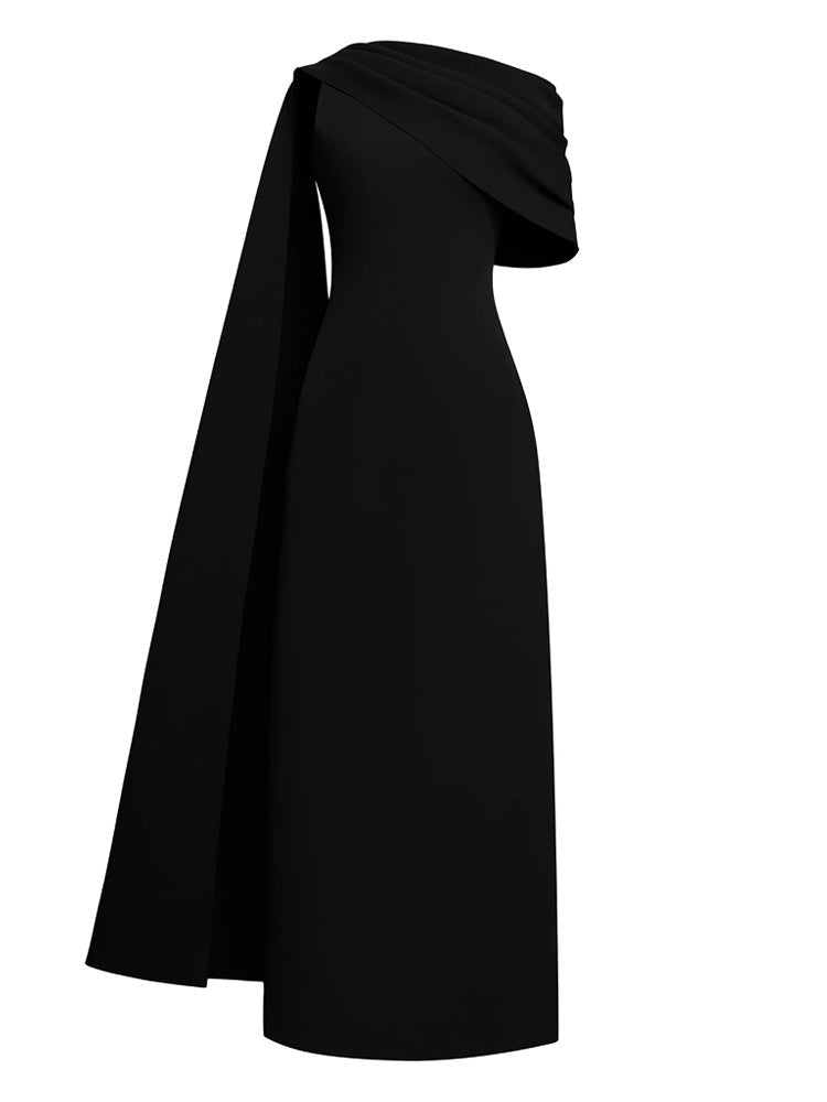 Sibyl One-Shoulder Asymmetrical Pleated Maxi Dress In Black Flowering Girl