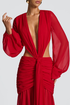 Roniny Cutout Chiffon Draped Maxi Dress - Red Flowering Girl