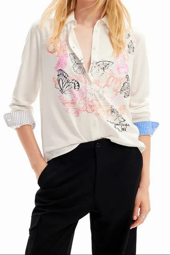 White Butterfly Print Button-Down Shirt With Striped Cuffs Flowering Girl
