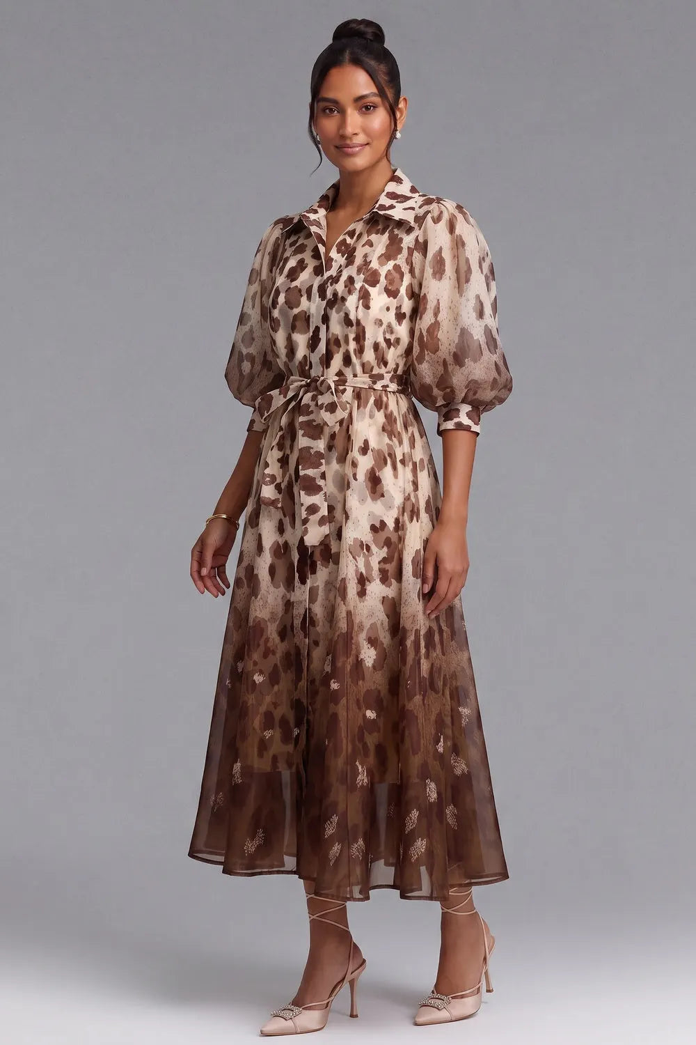 Ombre Leopard Print Puff Sleeve Midi Shirt Dress Flowering Girl