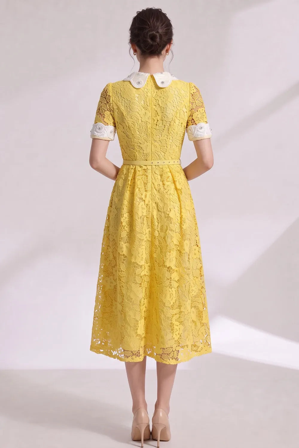Yellow Guipure Floral Lace A-Line Midi Dress Flowering Girl