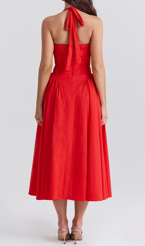 Ashleen Red Halter Midi Dress Flowering Girl