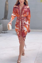 Unique Print Dolman Long Sleeve Ruched Slit Midi Dress Flowering Girl