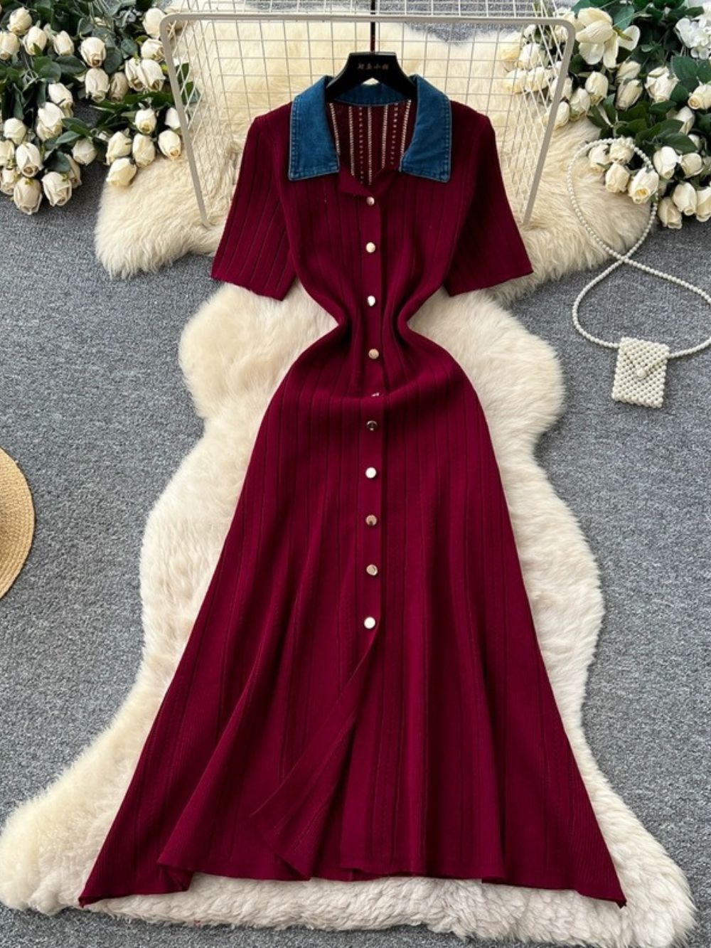 Burgundy Ribbed Knit A-Line Dress Flowering Girl
