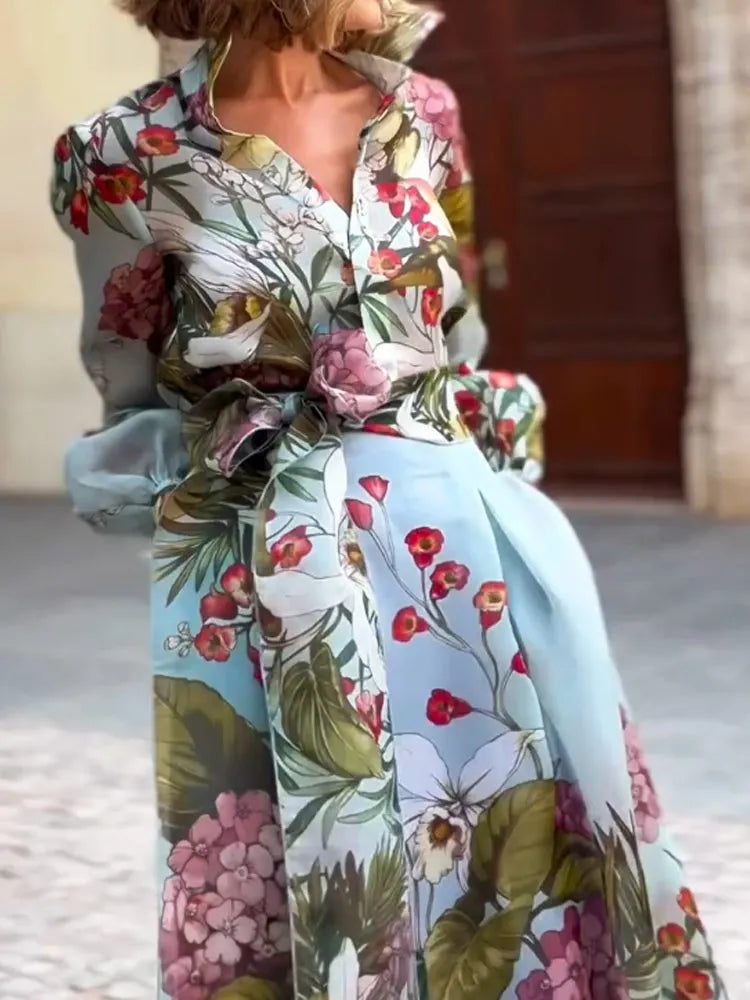 Elegant Floral Print Shirt and Skirt Two-piece Set Flowering Girl