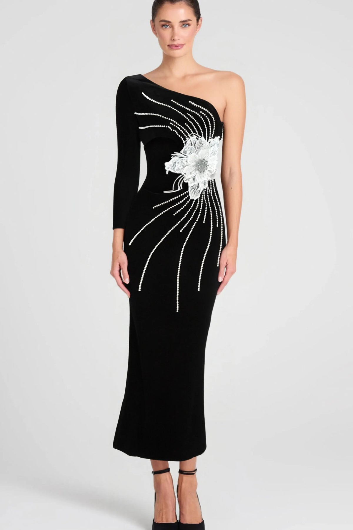 Calista Olive Black One Shoulder Velvet Maxi Dress Flowering Girl