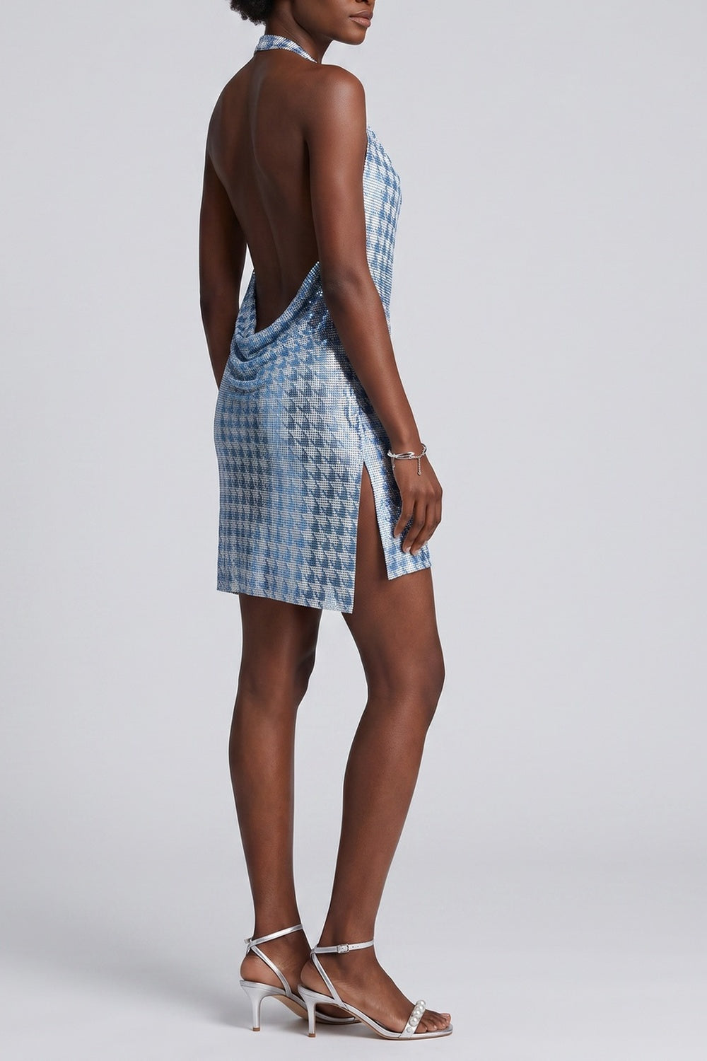 Halter Cowl Neck Houndstooth Glitter Slit Mini Dress Flowering Girl