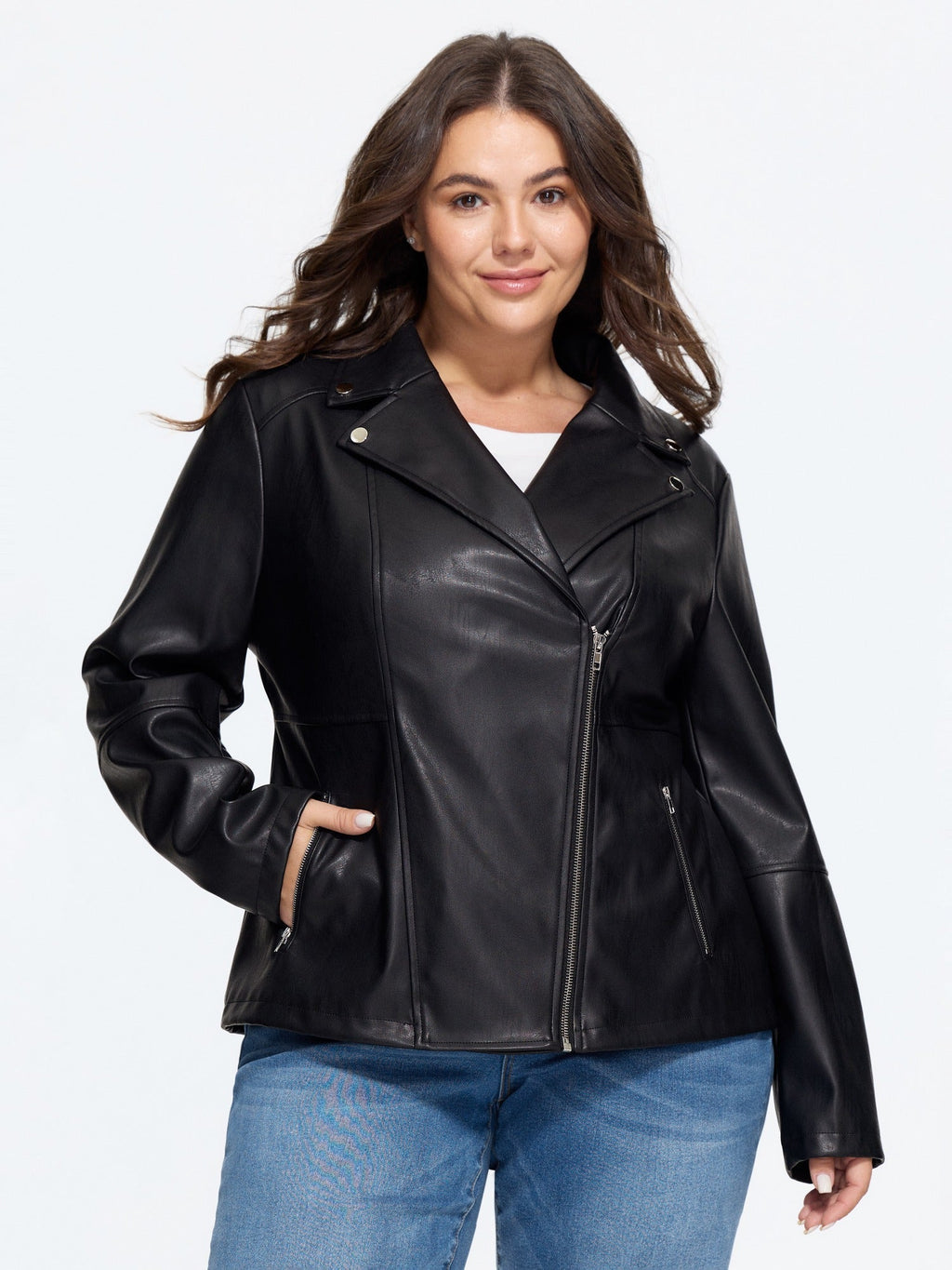 Lapel Collar Asymmetric Zipper Pocket Biker Jacket Flowering Girl