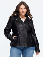 Lapel Collar Asymmetric Zipper Pocket Biker Jacket Flowering Girl