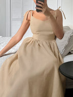 Cotton Linen Backless Strap Midi Dress Flowering Girl
