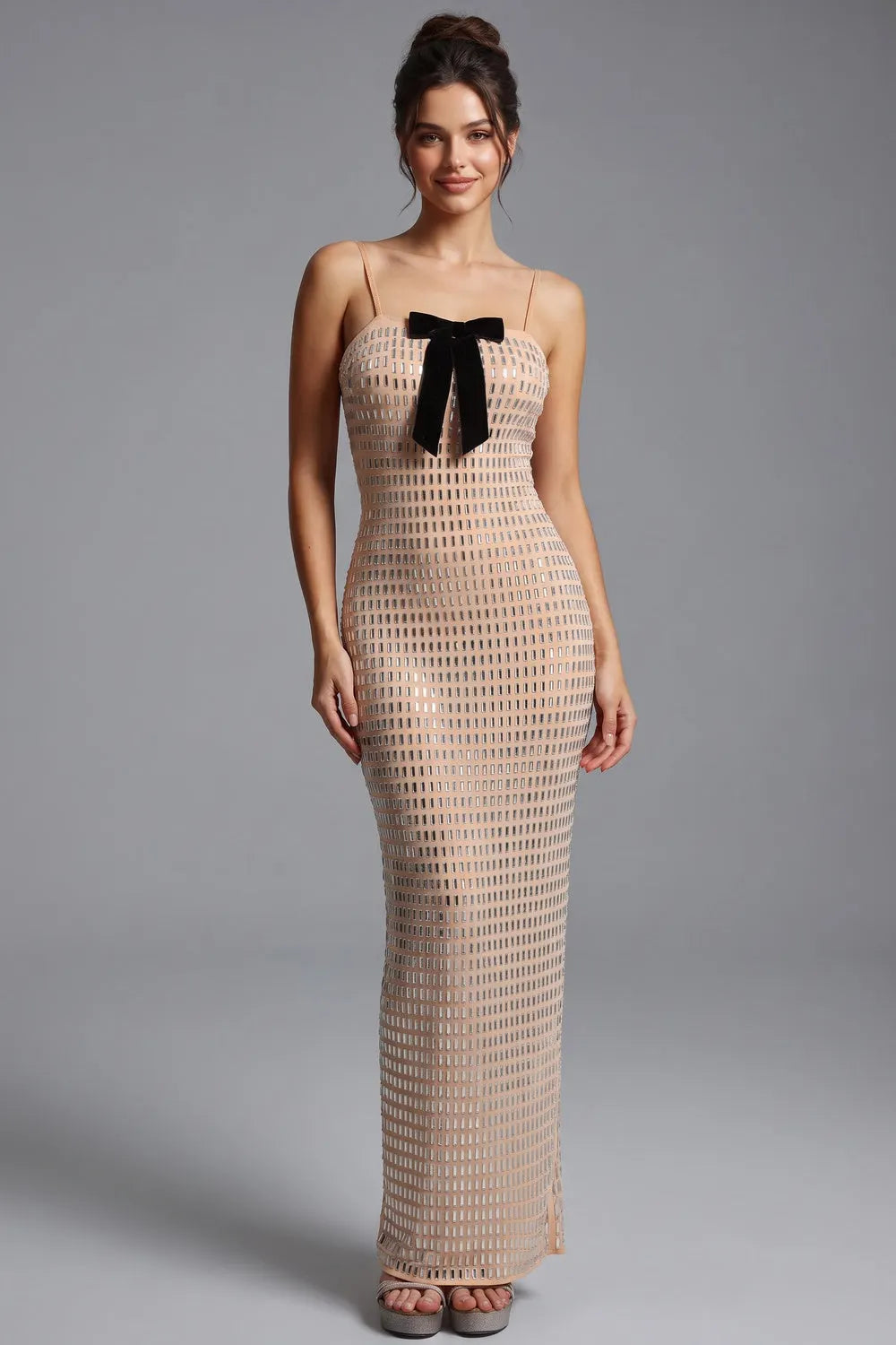 Nude Mesh Column Dress with Silver Grid & Black Bow Flowering Girl
