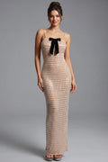 Nude Mesh Column Dress with Silver Grid & Black Bow Flowering Girl