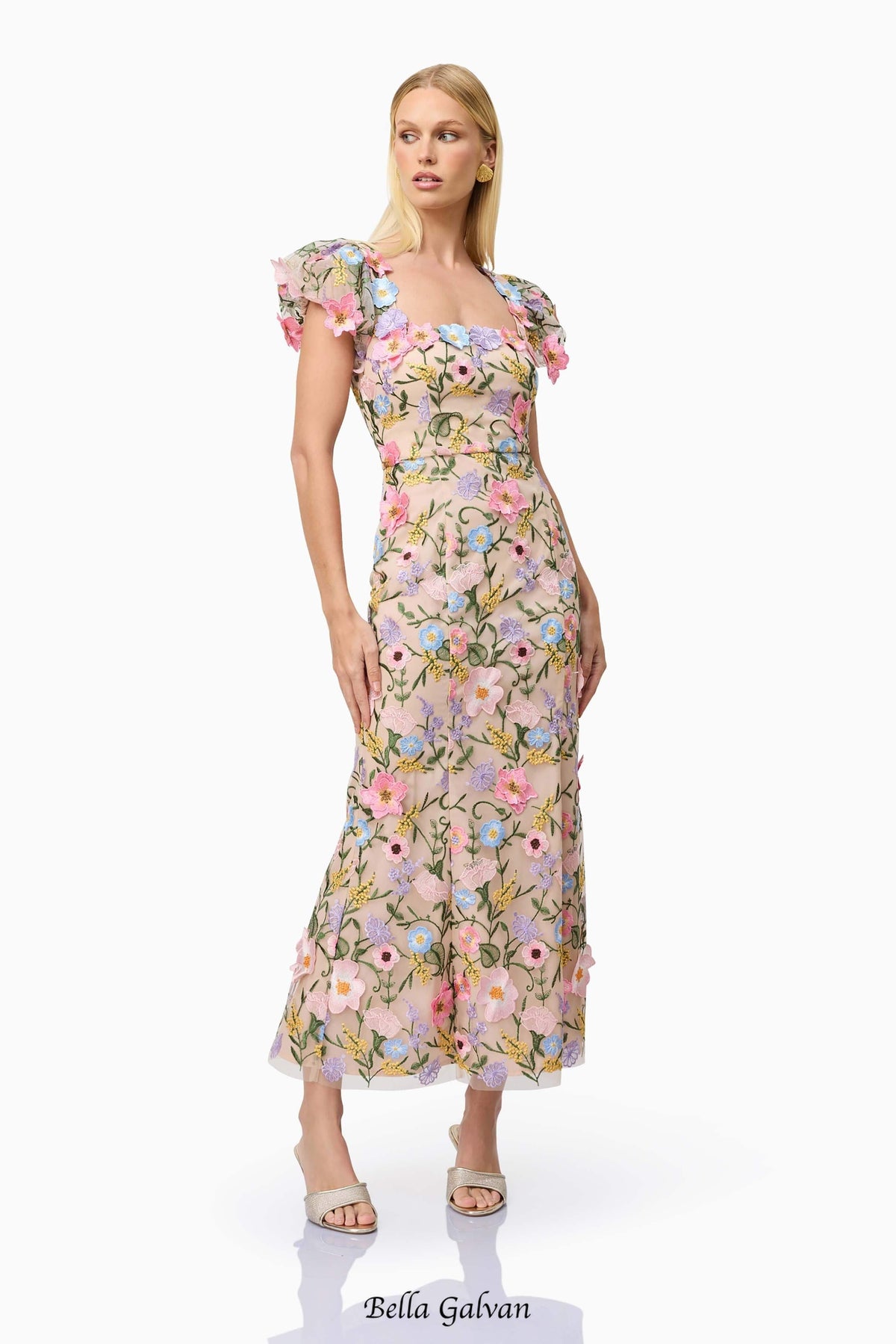 Nydia multicolor Square collar with 3D flower embroidery maxi dress Flowering Girl