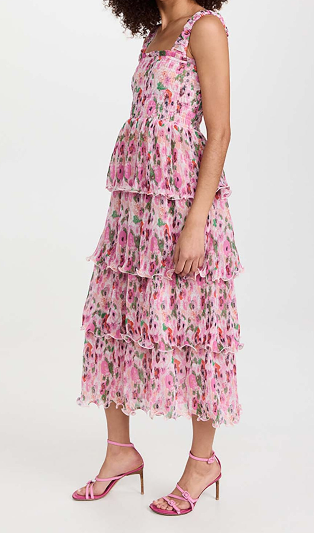 Floral-Appliqué Tiered Midi Dress In Pink Flowering Girl