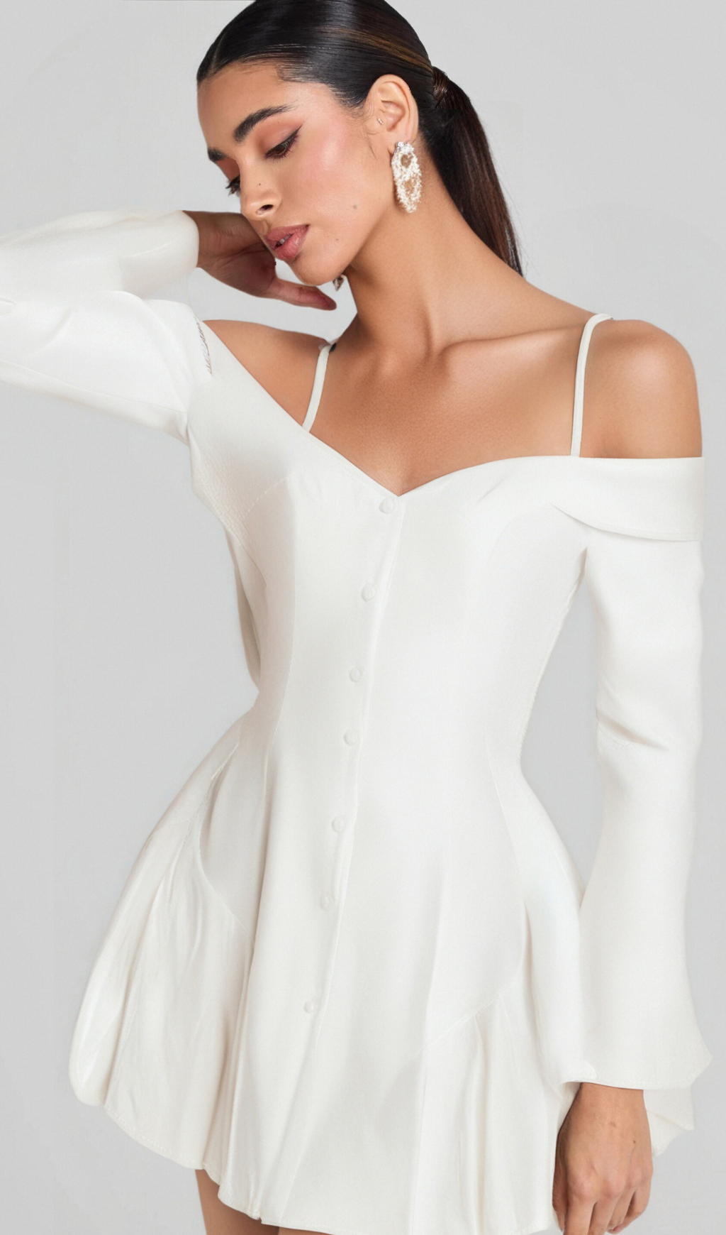 off-shoulder pleated trim mini dress in white Flowering Girl