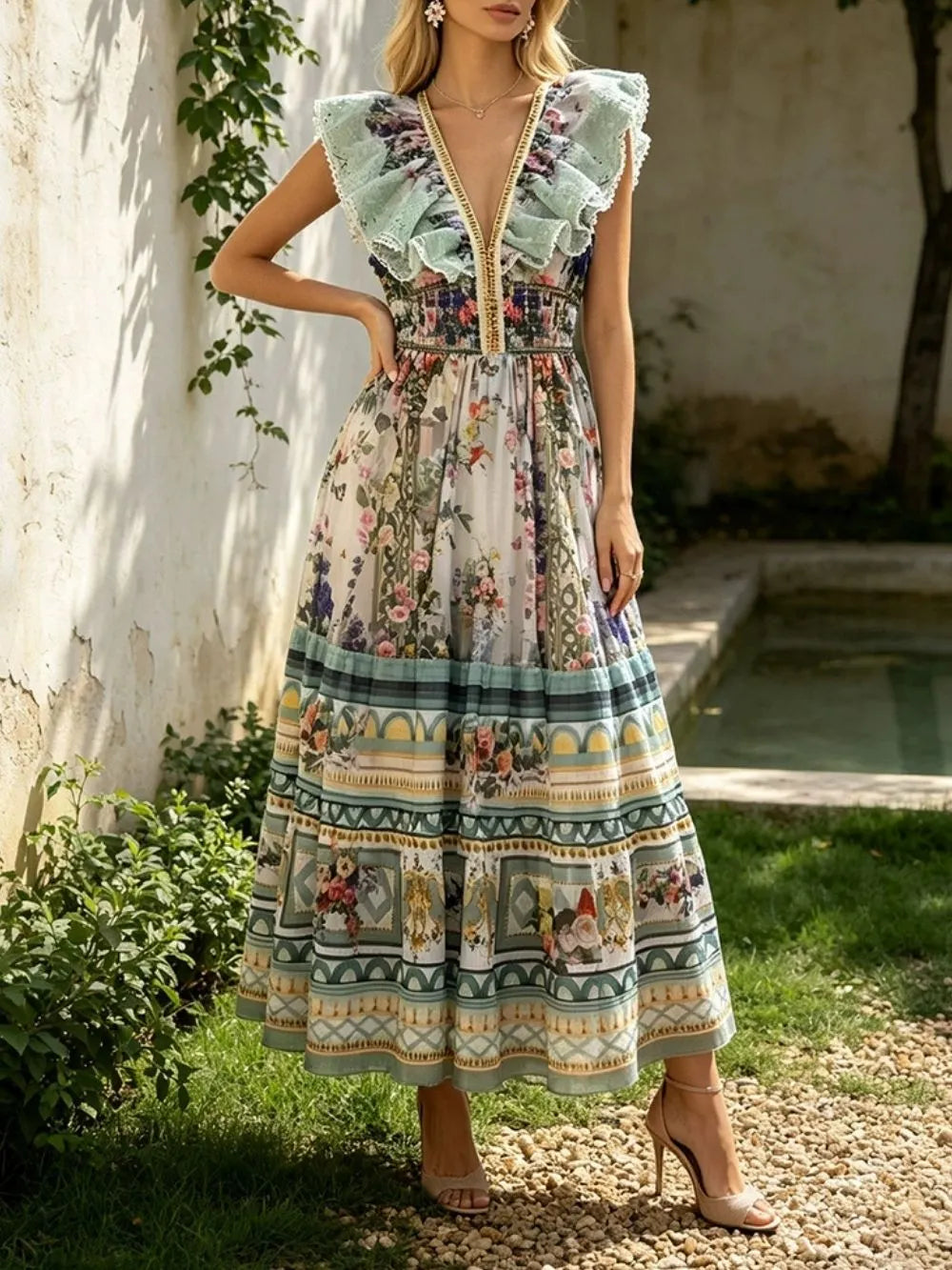 Marja V-Neck Printed Maxi Dress Flowering Girl