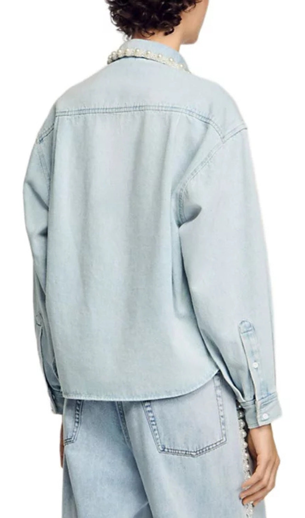Beaded Collar Denim Shirt Flowering Girl