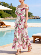 White Off-The-Shoulder Floral Printed Midi Dress Flowering Girl